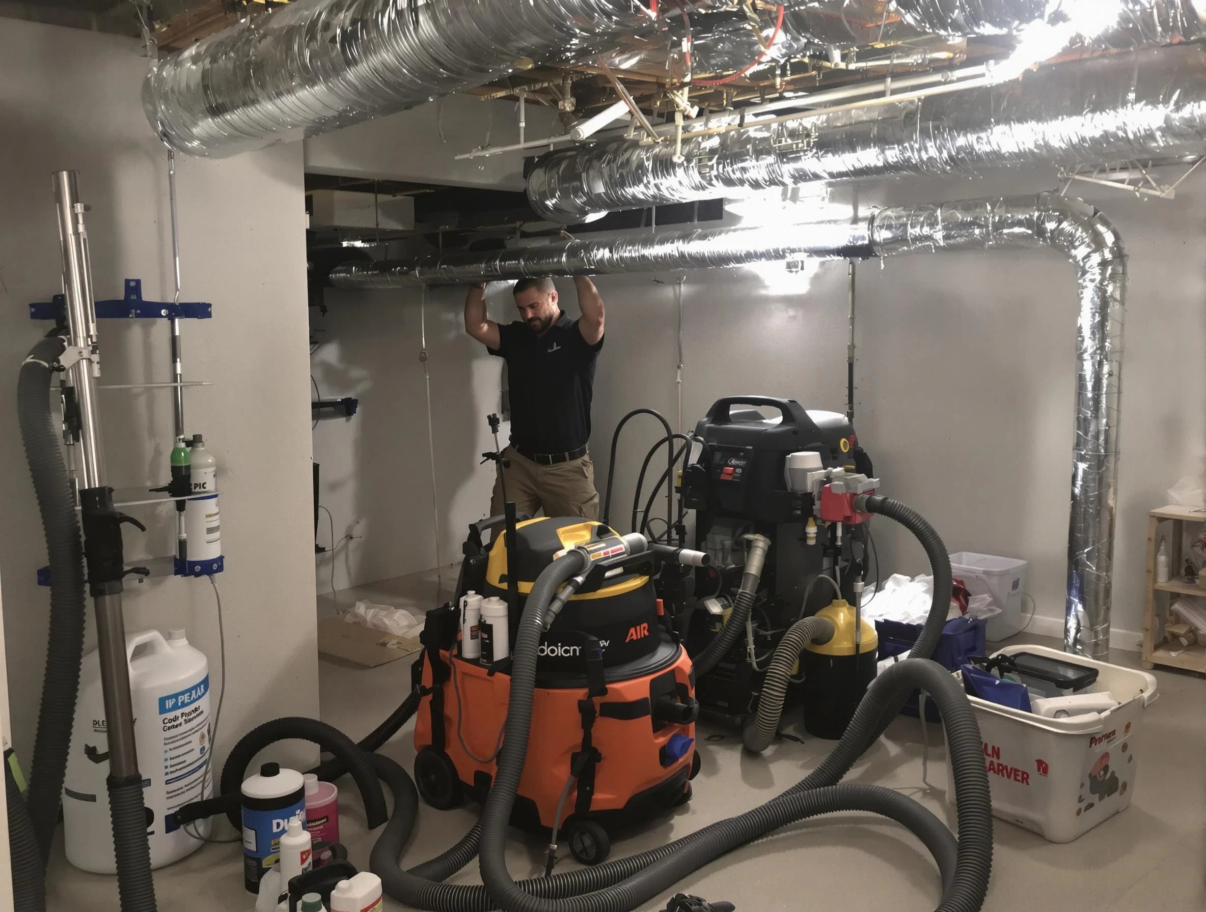 Mission Viejo Air Duct Cleaning specialist performing professional mold removal from air ducts using safety equipment in Mission Viejo