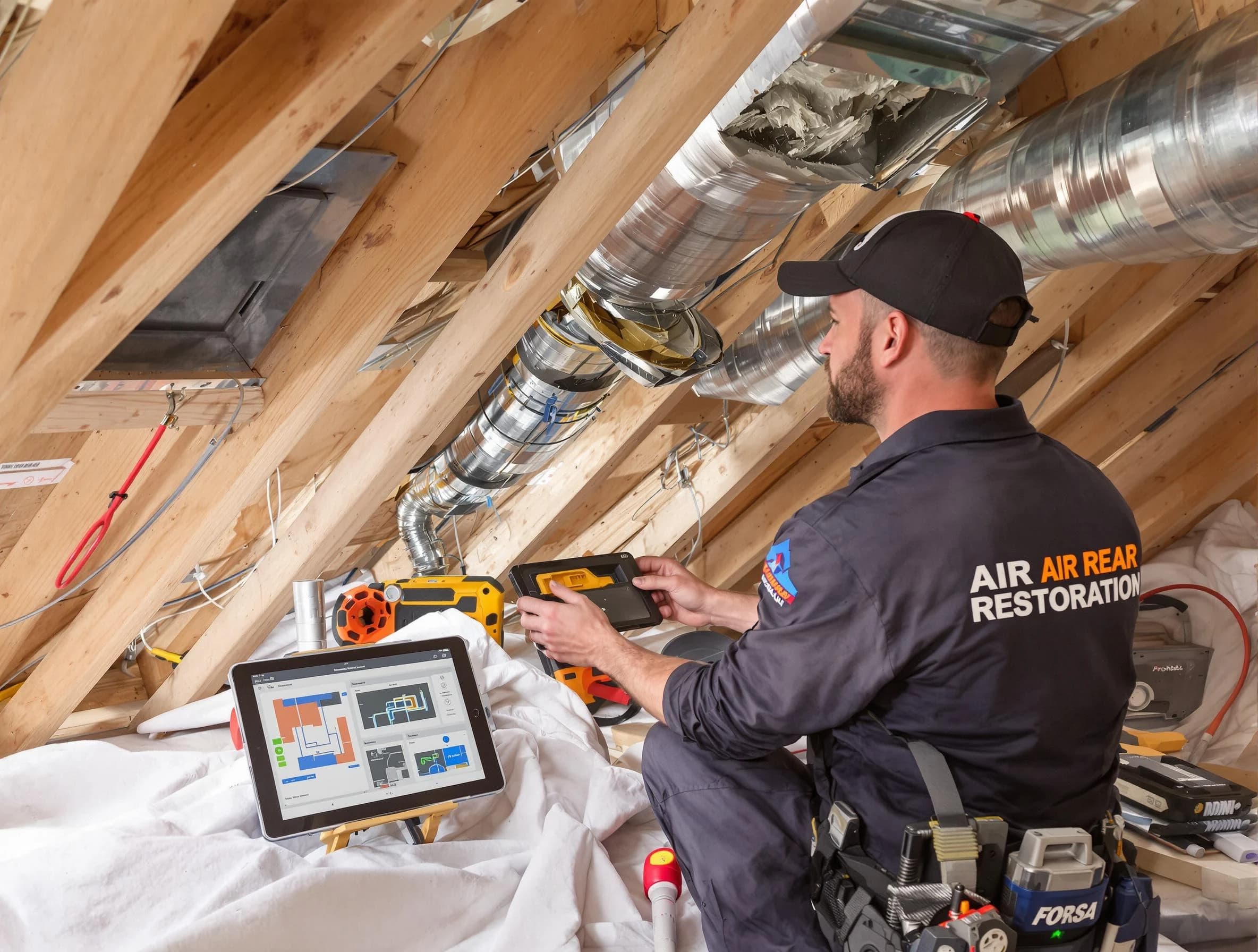 Mission Viejo Air Duct Cleaning technician performing precise duct repair work in Mission Viejo