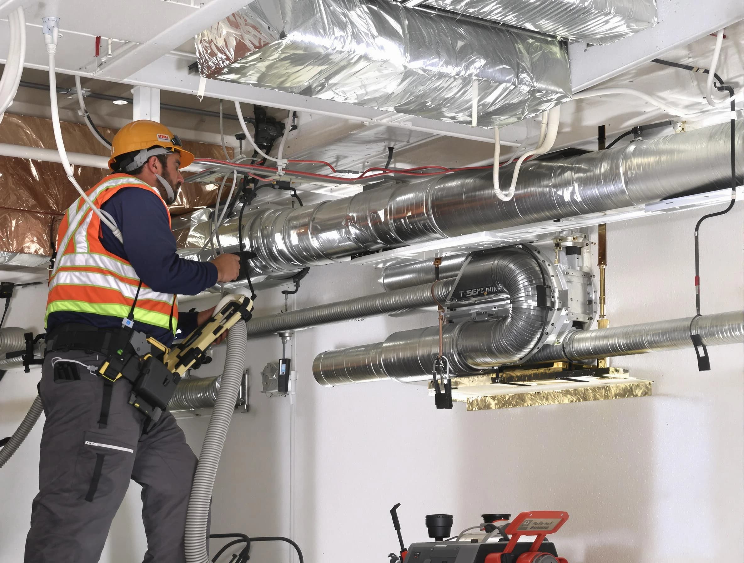 Mission Viejo Air Duct Cleaning technician performing precision vacuum insulation removal in a residential property in Mission Viejo